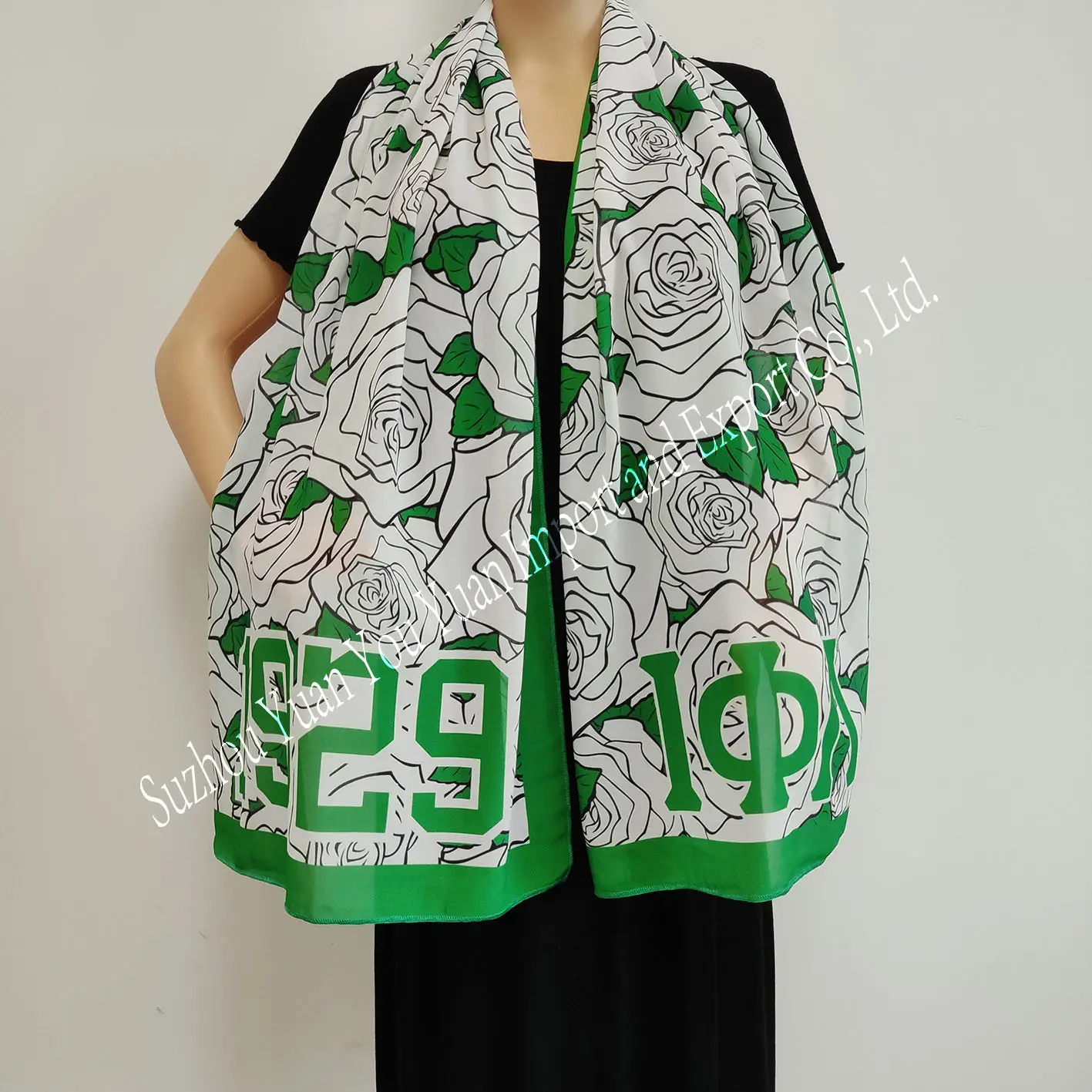 カスタム60x17インチ緑と白のイオタフィラムダ装飾ギリシャ文字ソロリティスカーフ