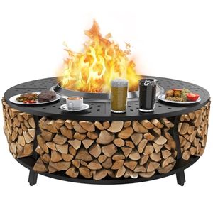 Robuuste metalen vuurkuil met ingebouwde houtenhouder en eettafel voor tuinfeesten, voor liefhebbers van de Europese en Amerikaanse tuincultuur. - Product Image 1