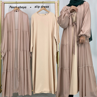 Offre Spéciale : Ensemble Abaya 2 Pièces (Abaya Ouverte Perles Blanches + Robe Longue Unie à Manches Longues) pour Femmes Musulmanes 1964+6597