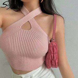 I-0240 Top Corto de Verano para Mujer, Sexy, con Aberturas Cruzadas, sin Tirantes, con Cuello Halter, Tejido de Punto - Product Image 1