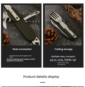 ชุดช้อนส้อมมีดสแตนเลสอเนกประสงค์พับได้สำหรับกิจกรรมกลางแจ้ง ชุดอุปกรณ์รับประทานอาหารสำหรับเอาตัวรอดในป่า - Product Image 6