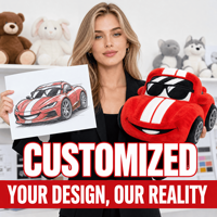 Fabricant de jouets en peluche personnalisés en forme de voitures de course sportives, OEM ODM, vente en gros, animaux en peluche, jouets doux, mascotte, logo haute fidélité