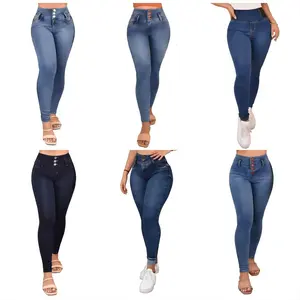 Celana Jeans wanita ukuran besar, celana Denim wanita hitam dan biru melengkung elastis pinggang tinggi longgar