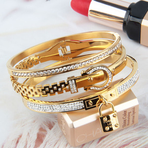 Di alta qualità placcato oro combinazione Set per le donne diamante appeso piccola fibbia della cintura in acciaio inox Charm bracciale regalo - Product Image 2