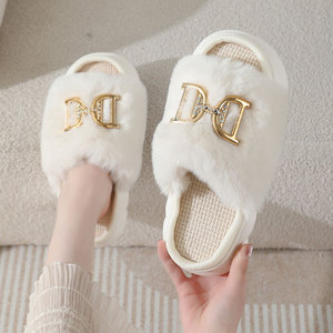 Nuevas pantuflas cálidas de lino con hebilla decorativa de piel de conejo para mujer, zapatos antideslizantes y a prueba de olores para el hogar de felpa para todas las estaciones Ins - Product Image 3