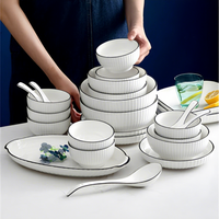 Ensemble de bols et d'assiettes en céramique et porcelaine, sans BPA, écologiques, résistants à la chaleur, durables, étanches, blancs avec bord noir, pour hôtel, restaurant, salle à manger