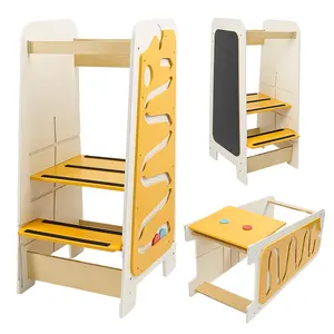 Tour d'apprentissage tout-en-un en bois pliable pour tout-petits Montessori Kitchen Helper Step Stool avec tableau noir