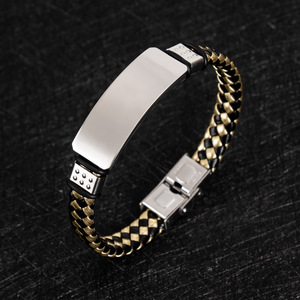 Fashion Woven Double-colored Leather Bracelet for Business Retro DIY <b>Engraved</b> Couple Gift Stainless Steel Bracelet for Wholesale - Product Image 4