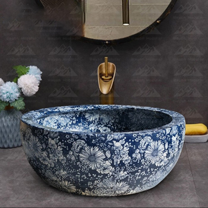Lavabo rond en céramique Wayon, style chinoiserie traditionnel, bleu et blanc, <span class=keywords><strong>à</strong></span> motifs floraux, pour salles <span class=keywords><strong>de</strong></span> bain modulaires <span class=keywords><strong>de</strong></span> luxe - Product Image 1