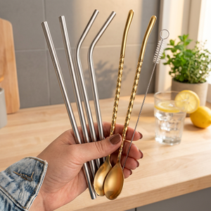 Metal <b>Drinking</b> <b>Straws</b> Set of 5 Reusable Stainless Steel Bar Accessories Minimalist Design Gold and Silver Tones - Product Image 6
