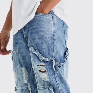 Mj198 người đàn ông hip hop thời trang dạo phố jeans bị phá hủy jeans người đàn ông thợ mộc vận chuyển hàng hóa baggy denim quần jeans