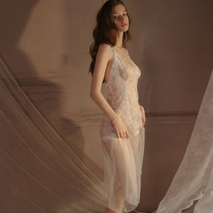 Sexy Luxury Deep V Embroidered Halter Nightgown Floral Lace Patchwork <b>Perspective</b> Mesh Gathered Sleepwear - Product Image 5