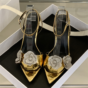 XSD Factory Women's Summer/Autumn Gold Bridal Design Open Toe Rose Flower High Heels Sandals Popular Breathable Thin Heel Flat - Product Image 1