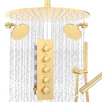 HOMEDEC Kit de douche pluie 16 pouces avec deux douches murales 6 pouces, mitigeur 4 voies et douchette 2 fonctions, finition or brossé