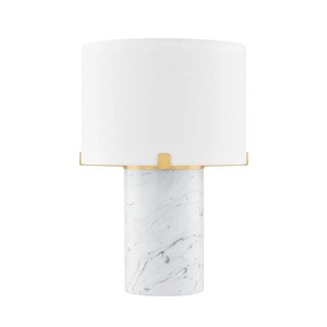 White Marble Cylinder & Gold Trim Modern Luxury Table Lamp | Sleek Contemporary Lighting for Hotel Lobby & Premium Living Space - Product Image 1