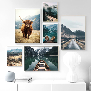 Peintures de paysages naturels nordiques, animaux, vache, lac, <span class=keywords><strong>montagne</strong></span> enneigée, <span class=keywords><strong>forêt</strong></span>, impressions sur toile, peintures à l'huile, décoration intérieure - Product Image 3