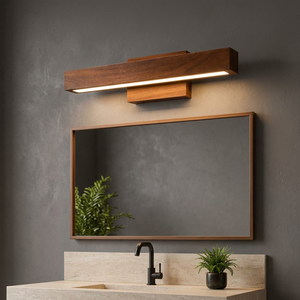 Miroir de salle de bain LED en bois d'acacia Aqdus Saleem, moderne, minimaliste, mural, écologique, durable, avec bordure encadrée, fait main, léger - Product Image 3