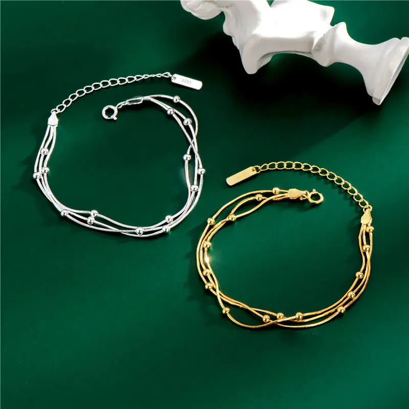 Bracelet à trois couches en os de serpent plaqué or, 925, en argent Sterling, perles, chaîne, nouveauté