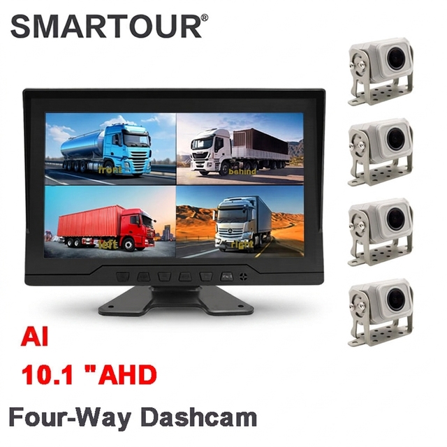 Smartour 10.1 Inch TFT LCD Truck Display Monitor AHD 1080P 4-Channel AI Rear View Camera Waterproof TV Function 1 Year Warranty
