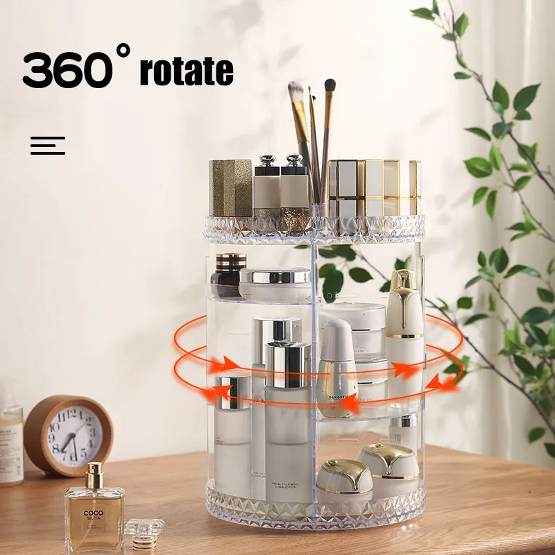 Bathroom 360 Degree Rotating 2 Tier Plastic Makeup Diamond Cosmetic Organizer With Handle