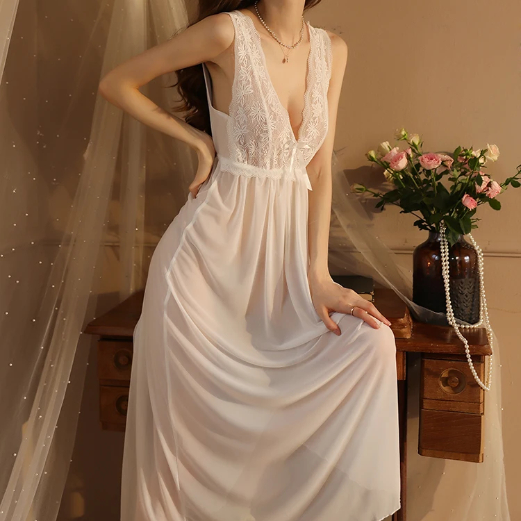chinese dress ladies Lace Detail Square Neck Flounce Sleeve Night Dress Pastel Blue / L