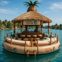 Bar flottant gonflable Tiki avec toit en chaume ananas, canapés souples et tabourets de bar pour les rassemblements aquatiques tropicaux en lac ou en mer