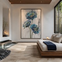 Lukisan Dinding Kanvas Impasto Bunga Biru Berbingkai Grosir, Bingkai Hitam, Lukisan Minyak Abstrak Peony Cyan Navy, Tiga Bunga Bertekstur