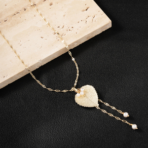 Collar con Colgante de Hoja de Bodhi Natural 2026, Borla, Perla de Imitación, <span class=keywords><strong>Cadena</strong></span> Chapada en Oro de 18K - Product Image 2