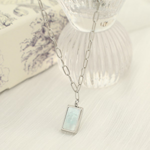 Minimalist Seashell Pendant Necklace Gold Silver Geometric Square Bezel Setting <b>Titanium</b> Steel <b>Chain</b> Gift Jewelry XL63 - Product Image 2