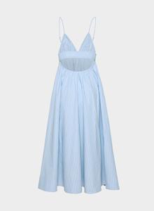 Robe longue élégante et sexy pour femme, bleu ciel, col en V, style vintage rayé, taille élastique, idéale pour les vacances d'été - Product Image 6
