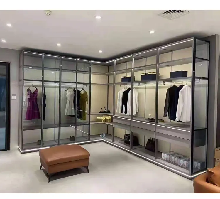 Modern Luxury Mirror Cabinet Clothes Wardrobe Designs Plywood Bedroom Furniture Wooden Walk In Wardrobe Closet with Island
