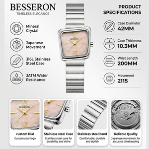 Reloj de cuarzo cuadrado para mujer, ecológico, de acero inoxidable, proveedor de relojes, esfera minimalista, resistente al agua, reloj analógico. - Product Image 2