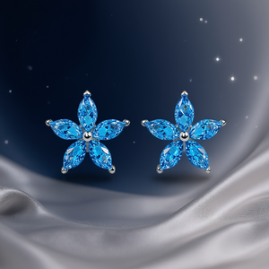 Orecchini a perno E1293 con fiore di diamante blu, taglio marquise, montatura a griffe, gioielli classici da donna - Product Image 2