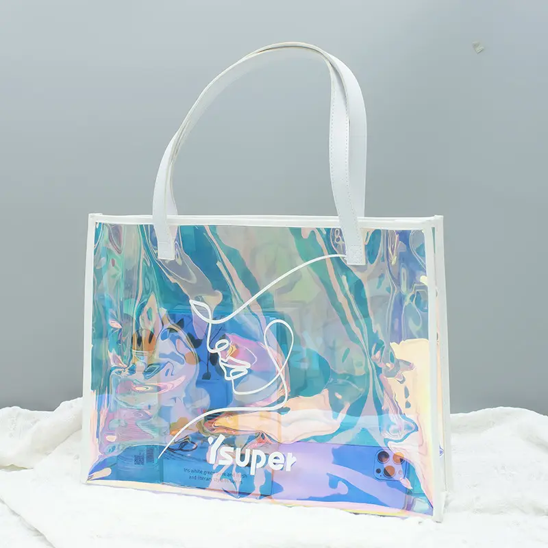 Custom Laser Transparent Tote Bags Plastic PVC Totebags With Hand Gift Bag For Ladies Handbags Jelly Clear Clothing Shopping Bag