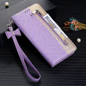 For iPhone 15 Case Leather Lace Zipper Wallet Case For iPhone 13 14 15 Pro Max Magnetic Card Slot Stand Phone Cover