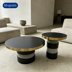 Modern Luxury Round Coffee Table <b>Set</b> Gold Trimmed Tabletop with Layered Cylindrical Base Nesting Table for Living Room - Product Image 3