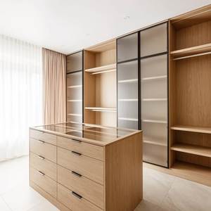 Dressing ouvert autoportant en bois style Wabi-Sabi, <span class=keywords><strong>armoire</strong></span> sur mesure, finition naturelle, coiffeuse, rangement moderne pour chambre à coucher - Product Image 5