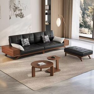 Black Leather Walnut Wood Minimalist <b>Sofa</b> With Storage Living Room Furniture Large Size Modern Design - Product Image 1