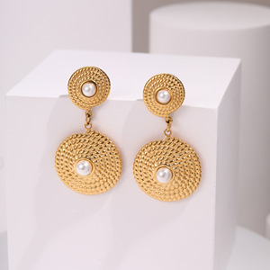Pendientes colgantes de perlas de disco chapados en oro, pendientes colgantes redondos texturizados elegantes para mujer, joyería de moda Vintage - Product Image 3
