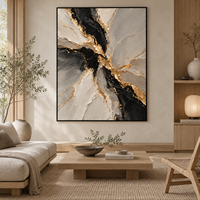 Peinture sur toile abstraite texturée veinée de marbre noir et or, décoration murale de luxe gris et blanc pour hôtel, appartement, réception
