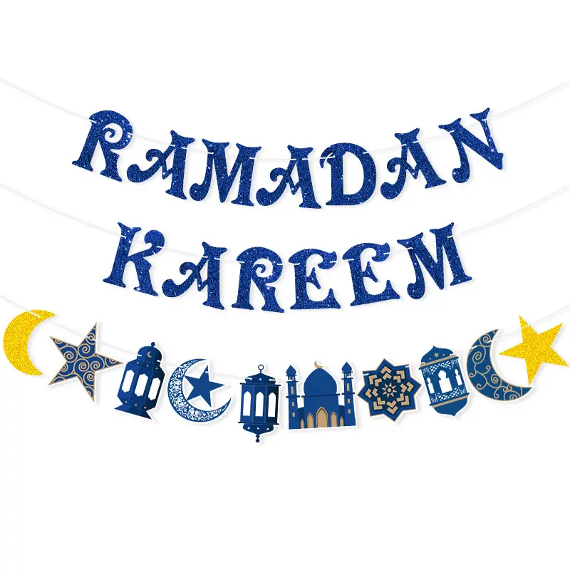새로운 Eid 무바라크 이슬람 라마단 반짝이 파우더 편지 벽 교수형 블루 배너 장식 휴일 Supplie 배너 세트