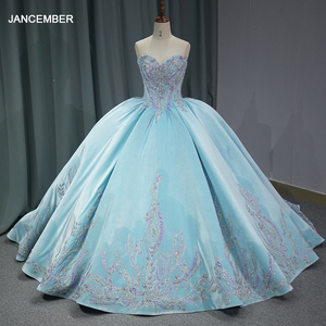 ชุดเดรสสีฟ้าสำหรับงาน Quinceanera ประดับลูกไม้ ปักเลื่อมวิบวับ ผ้าออร์แกนซ่า เปิดไหล่ สำหรับงาน Sweet 16 รุ่น Dy6831 - Product Image 1