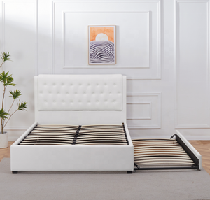 Da trắng khung gỗ Nút-tufted đầu giường nữ hoàng Kích thước PU bọc nền tảng giường với GiườNg Kéo - Product Image 2