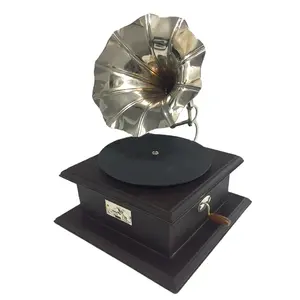 Buy Elegant Black Base Vintage Gramophone Showpiece Record Player Antique wooden base Brass Silver Horn Music Player Gramophone