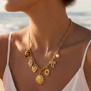 Collier en acier inoxydable plaqué or 18 carats avec pendentif soleil et lune, étanche, inaltérable, motif cœur, nœud et léopard, bijoux pour femme - Product Image 1