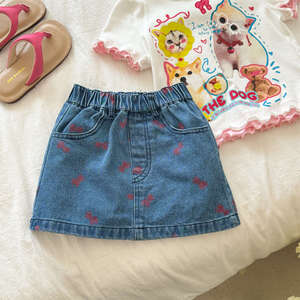 Girls Denim Skirt A-Line Mini Solid Color With Bow Print Summer Wear - Product Image 4