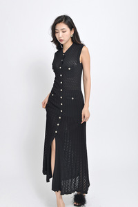 Da donna elegante girocollo senza maniche traforato in maglia Jacquard vestitino monopetto <span class=keywords><strong>lungo</strong></span> - Product Image 4