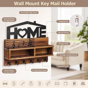 Wooden Wall-Mounted Key <b>Rack</b> With Hooks And <b>Shelf</b> For Home Entryway Storage Organization - Product Image 4