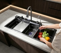 Évier de cuisine multifonctionnel en acier inoxydable noir nano double bac, fait main, style moderne, avec robinet cascade et égouttoir à vaisselle