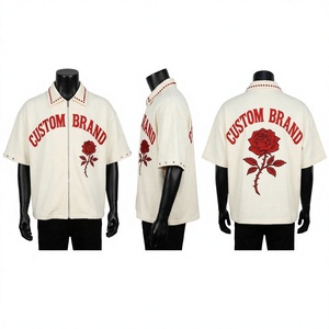 <b>Men</b> Cream Short Sleeve <b>Zip</b> <b>Up</b> <b>Shirt</b> Letter Print Rose Floral Studded Collar Streetwear Top - Product Image 2